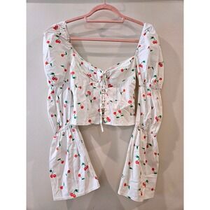 ASOS DESIGN Cherry Print Lace Up Puff Sleeve Crop Top Corset White Red US 4